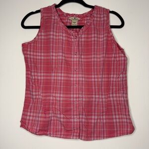 WOOLRICH Pink Cotton Plaid Snap Gorpcore Outdoor Sleeveless Ruffle Trim Tank Top
